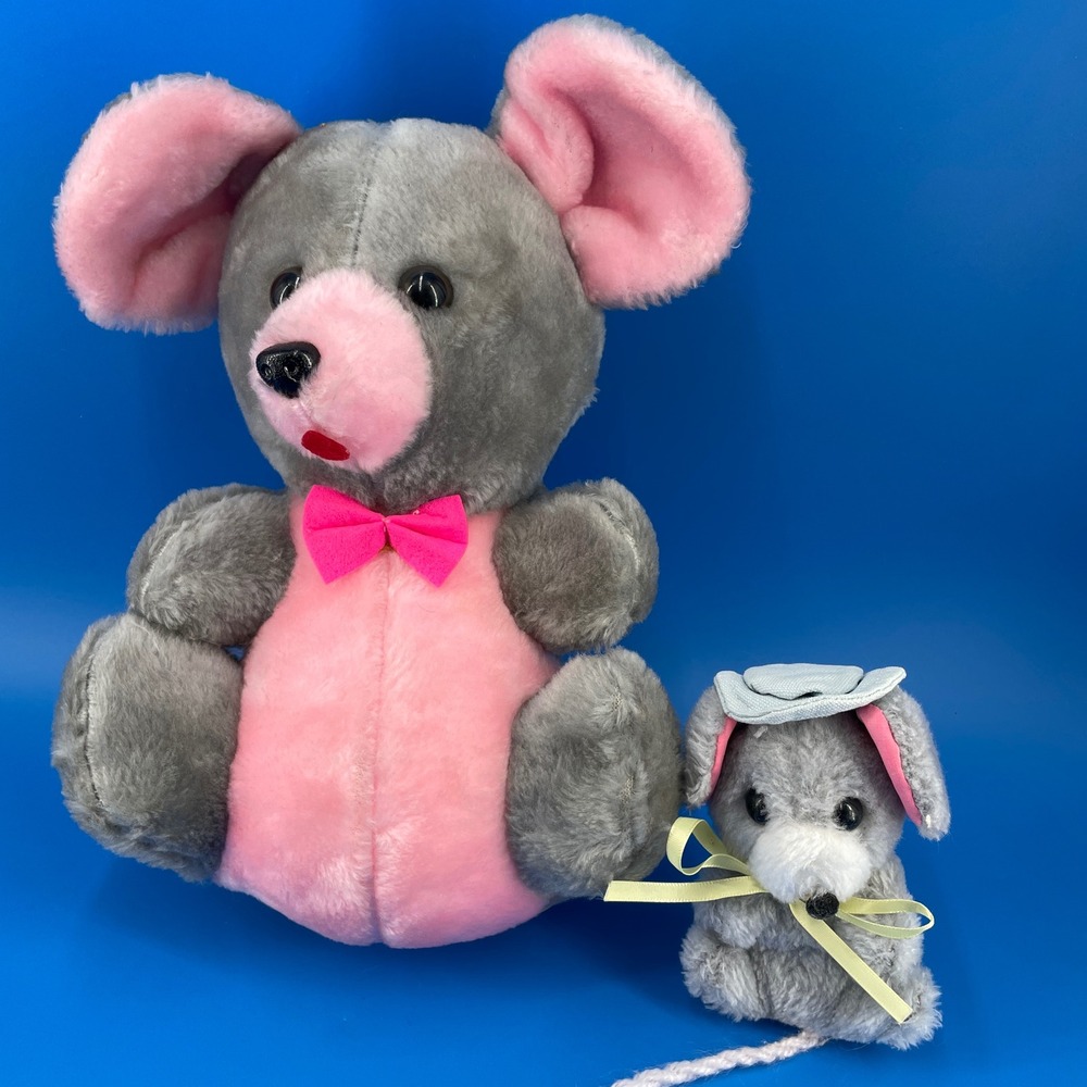 Acme Russ Berrie VTG Mouse Plush Set Grey Pink Stuffed Animal Carnival Style Bow